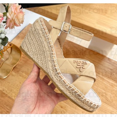 Prada Heel 8cm Nappa Leather Espadrilles Wedge Sandals Beige 2023