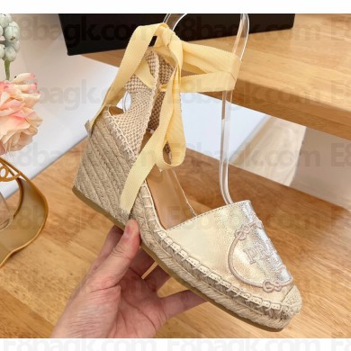 Prada Heel 8cm Espadrilles Wedge Sandals Leather Gold 2023
