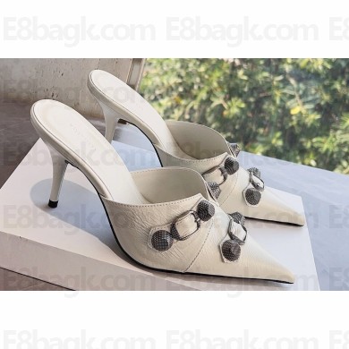 Balenciaga Heel 9cm Cagole Pointed Toe Mules in Arena lambskin White 2023