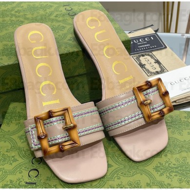 Gucci leather Slide Sandals Nude With Bamboo Buckle 2023