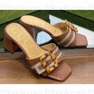 Gucci leather Heel 6.5cm Slide Sandals Brown With Bamboo Buckle 2023