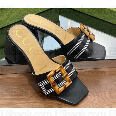 Gucci leather Heel 6.5cm Slide Sandals Black With Bamboo Buckle 2023