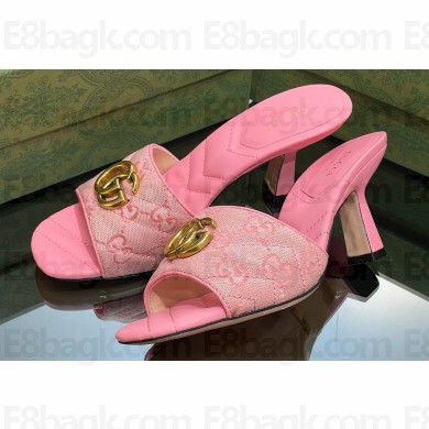 Gucci Heel 7.5cm GG embroidered Slide Sandals Canvas Pink With Double G 2023