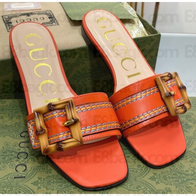 Gucci leather Slide Sandals Orange With Bamboo Buckle 2023