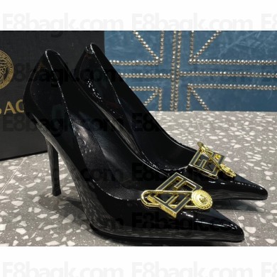 Versace Heel 9.5cm Brooch Baguette Pumps Patent Black 2023