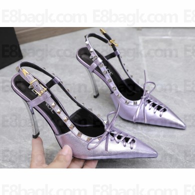 Versace Heel 10cm Laced Pin-Point Slingback Pumps Metallic Purple 2023