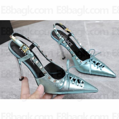 Versace Heel 10cm Laced Pin-Point Slingback Pumps Metallic Green 2023