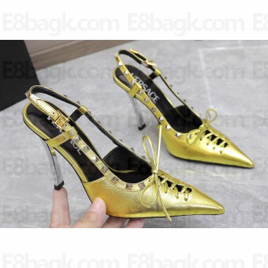 Versace Heel 10cm Laced Pin-Point Slingback Pumps Metallic Gold 2023