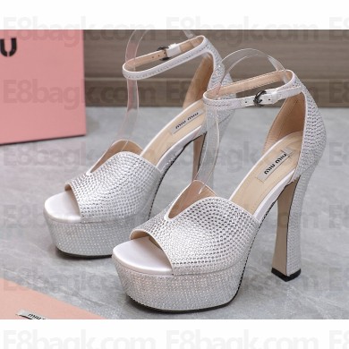 Miu Miu Heel 14cm Satin platform sandals with crystals Silver 2023