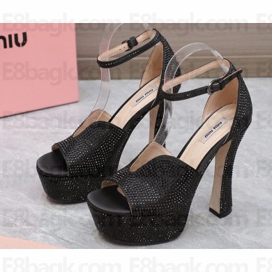 Miu Miu Heel 14cm Satin platform sandals with crystals Black 2023