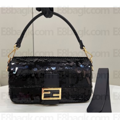 Fendi sequin and leather Iconic Baguette medium bag Black 2023