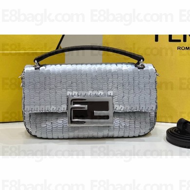 Fendi sequin and leather Iconic Baguette mini bag Silver 2023