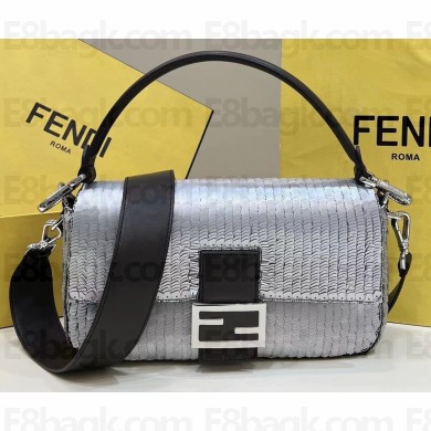 Fendi sequin and leather Iconic Baguette medium bag Silver 2023