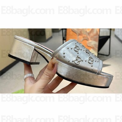 Gucci Heel 4cm Platform 2.5cm Interlocking G studs slide sandals Silver 2023