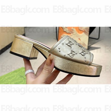 Gucci Heel 4cm Platform 2.5cm Interlocking G studs slide sandals Gold 2023