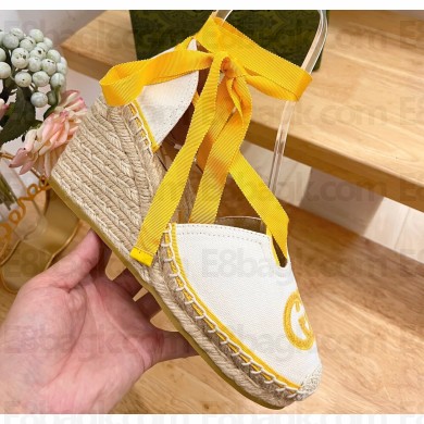 Gucci Heel 9.5cm cotton canvas espadrilles with ribbon tie 725836 White/Yellow 2023