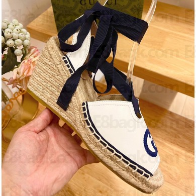 Gucci Heel 9.5cm platform Leather espadrilles sandals with ribbon tie 725834 White/Dark Blue 2023