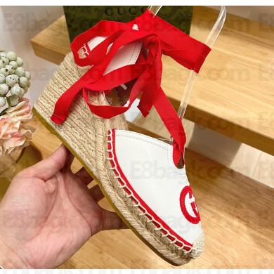 Gucci Heel 9.5cm platform Leather espadrilles with ribbon tie 725836 White/Red 2023