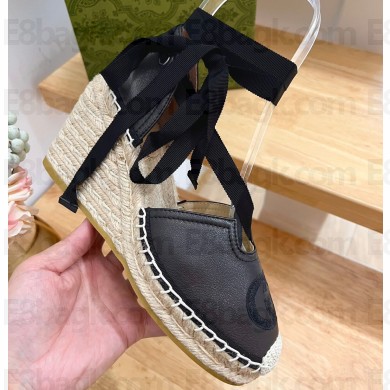 Gucci Heel 9.5cm platform Leather espadrilles with ribbon tie 725836 Black 2023