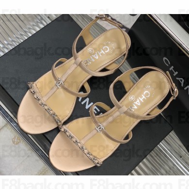 Chanel Heel 2cm Chain Lambskin Sandals G39645 Beige 2023