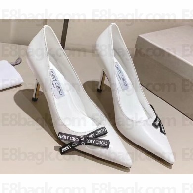 Jimmy Choo Heel 8.5cm Romy Nappa Leather Pumps White with Jimmy Choo Bow 2023