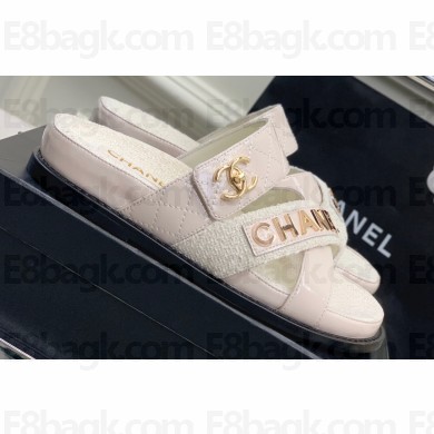 Chanel Heel 2cm Patent and Tweed Logo Mules White 2023