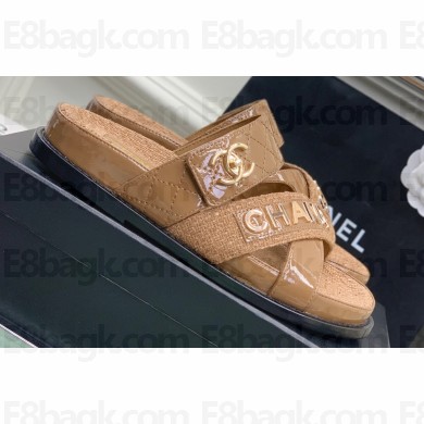 Chanel Heel 2cm Patent and Tweed Logo Mules Brown 2023