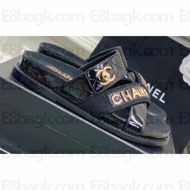 Chanel Heel 2cm Patent and Tweed Logo Mules Black 2023