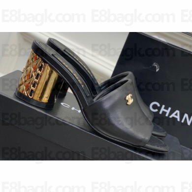 Chanel Gold Heel 5.5cm CC Logo Mules Black 2023