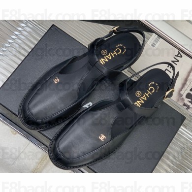 Chanel Heel 3cm Leather Round Toe Slingbacks Black 2023
