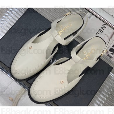 Chanel Heel 3cm Leather Round Toe Slingbacks White 2023