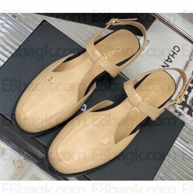 Chanel Heel 3cm Leather Round Toe Slingbacks Beige 2023