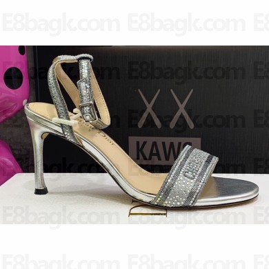 Dior Heel 8.5cm Cotton Embroidered with Strass Dway Sandals Silver 2023