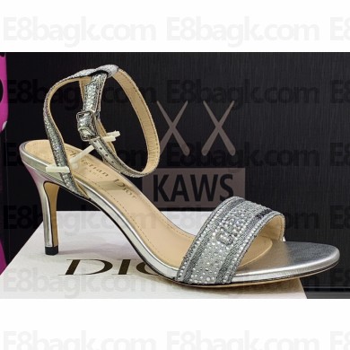 Dior Heel 7.5cm Cotton Embroidered with Strass Dway Sandals Silver 2023