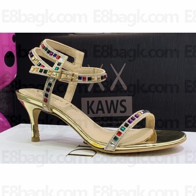Dior Heel 6.5cm Embroidered with Multicolor Square Strass Gem Sandals Gold 2023