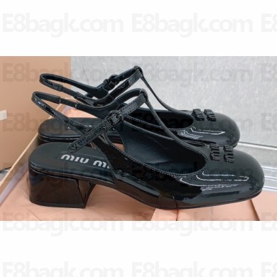 Miu Miu Heel Patent leather slingback pumps with metal lettering logo Black 2023