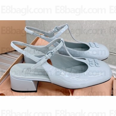 Miu Miu Heel Patent leather slingback pumps with metal lettering logo Blue 2023