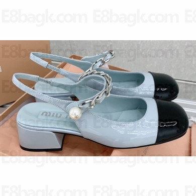 Miu Miu Heel Patent leather slingback pumps with metal chain Blue 2023