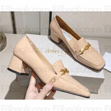 Jimmy Choo Heel 5cm Diamond Talura Soft Patent Leather Loafers Beige with Chain 2023