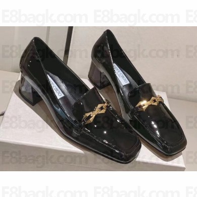 Jimmy Choo Heel 5cm Diamond Talura Soft Patent Leather Loafers Black with Chain 2023