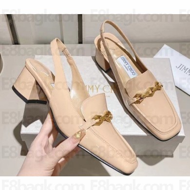 Jimmy Choo Heel 5cm Diamond Talura Soft Patent Leather Sling Back Pumps Beige with Chain 2023