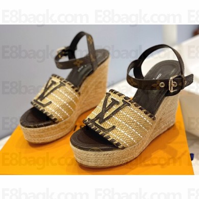 Louis Vuitton Heel 10cm Platform 6cm Raffia Starboard Wedge Espadrille Sandals Coffee 2023