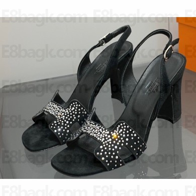 Hermes Heel 9.5cm sandals in suede goatskin Black with rhinestone 2023