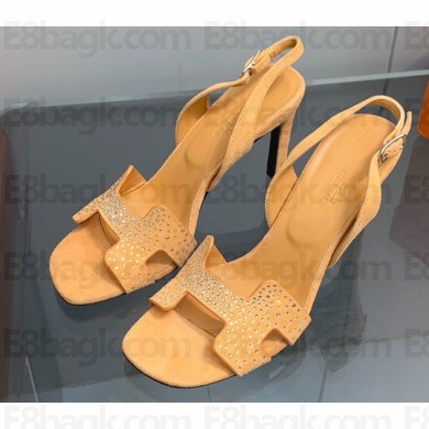 Hermes Heel 8.5cm sandals in suede goatskin Apricot with rhinestone 2023