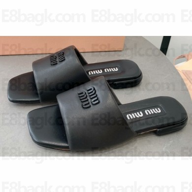 Miu Miu Metal lettering logo Leather Flat sandals Black 2023