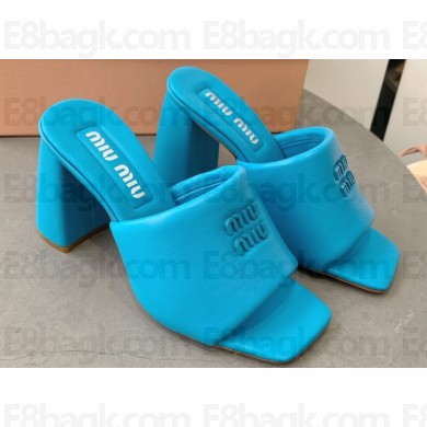 Miu Miu Heel 8.5cm Metal lettering logo Leather sandals Blue 2023