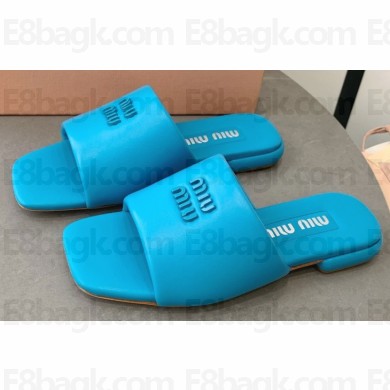 Miu Miu Metal lettering logo Leather Flat sandals Blue 2023