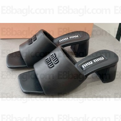 Miu Miu Heel 4.5cm Metal lettering logo Leather sandals Black 2023