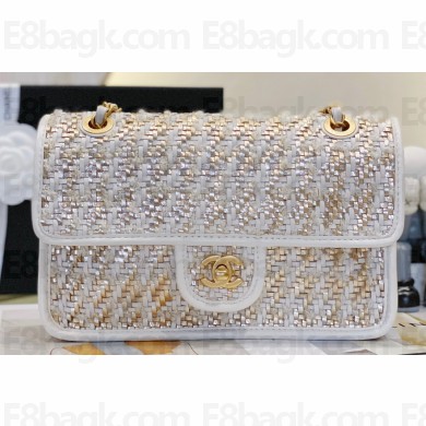 Chanel Lambskin & Viscose Weaving Medium Flap Bag AS3767 White 2023