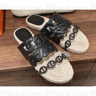 Hermes leather Gwen espadrille Sandals Black 2023